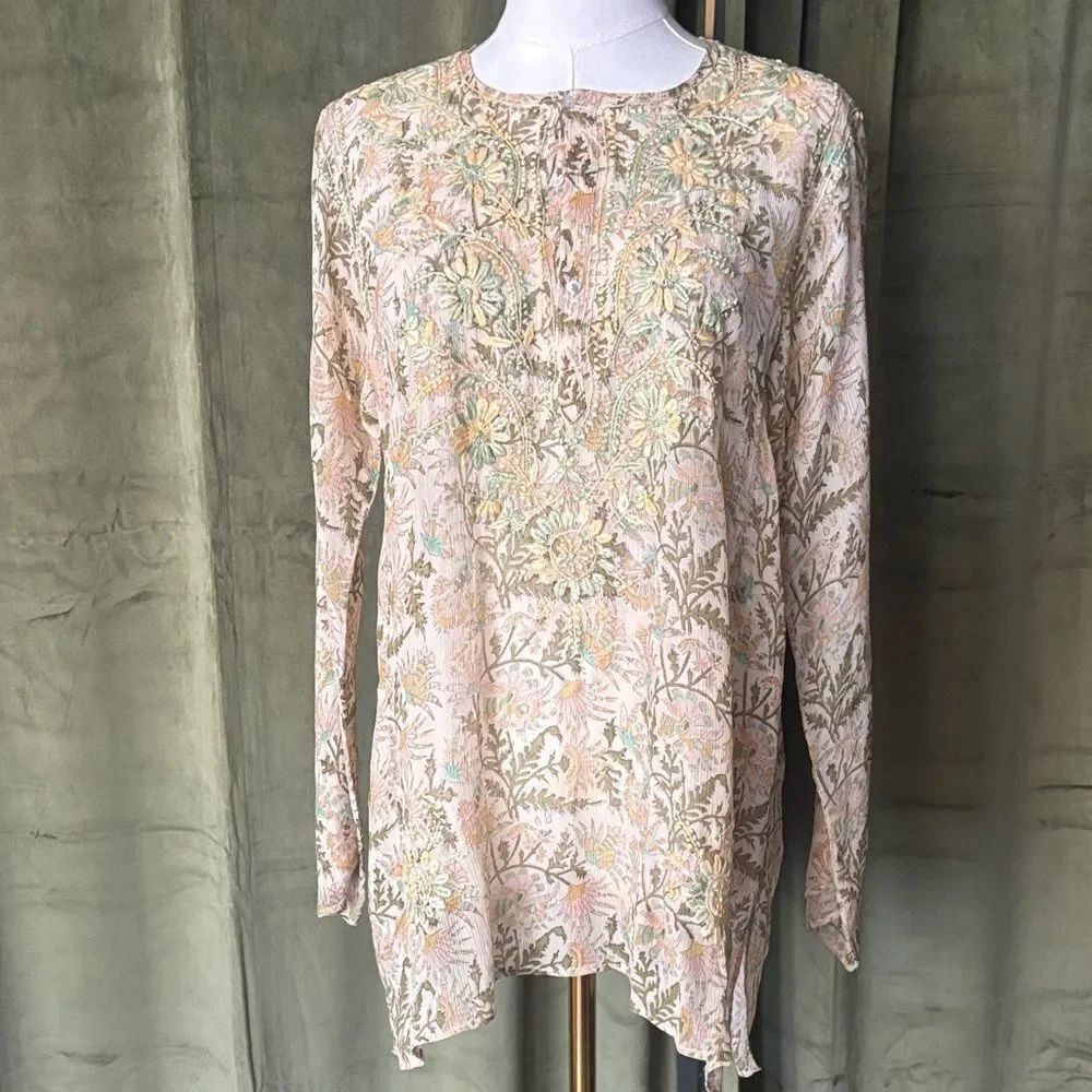 Calypso Christiane Celle 100 % silk floral embroidered top, M